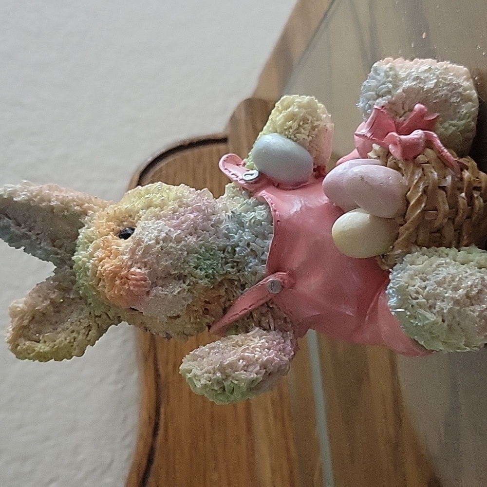 Hand Painted Bunny Figurine Pink Overalls Basket Pastel Eggs Approx 5.5" - Picture 2 of 11